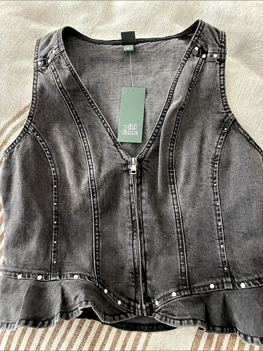 Wild Fable Studded Black Washed Denim Zip Peplum Vest in Black Medium